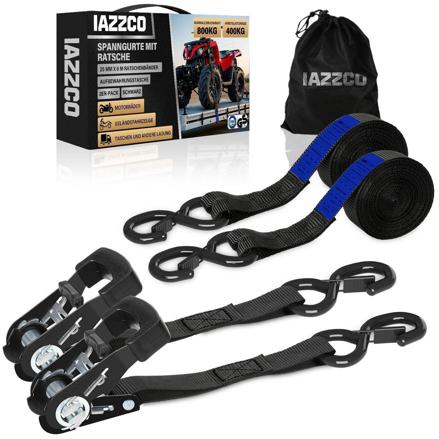 Ratschengurte und Radkeile in einer IAZZCO-Transporttasche, dargestellt als Motorrad-/ATV-Transportset.
