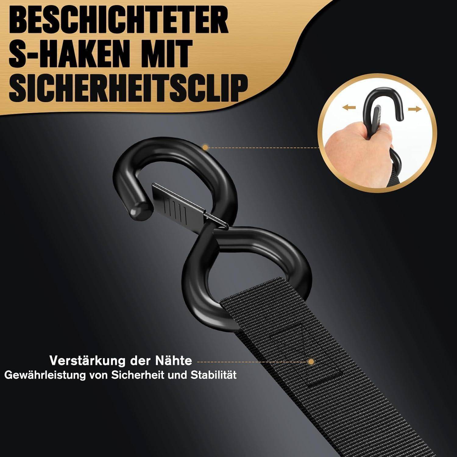 Schwarzbeschichteter S-Haken mit Sicherungsclip, mit eingefügten Händen zum Öffnen und Text über Nahtbewehrung für Sicherheit und Stabilität.