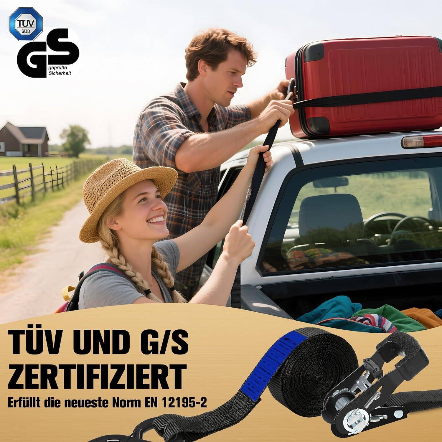 Mann und Frau sichern einen roten Koffer auf einem Autodachträger neben einer Straße; TÜV und GS zertifizierter Spanngurt mit Text „TÜV UND GS ZERTIFIZIERT