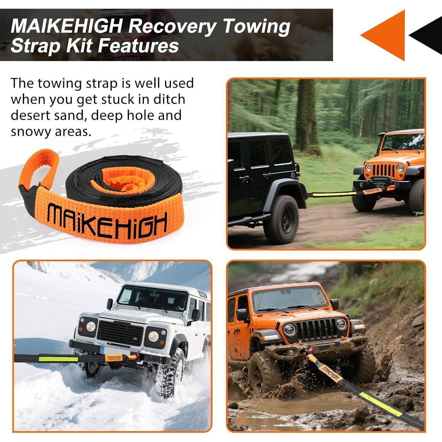 Infografik mit dem Titel „MAIKEHIGH Recovery Towing Strap Kit Features