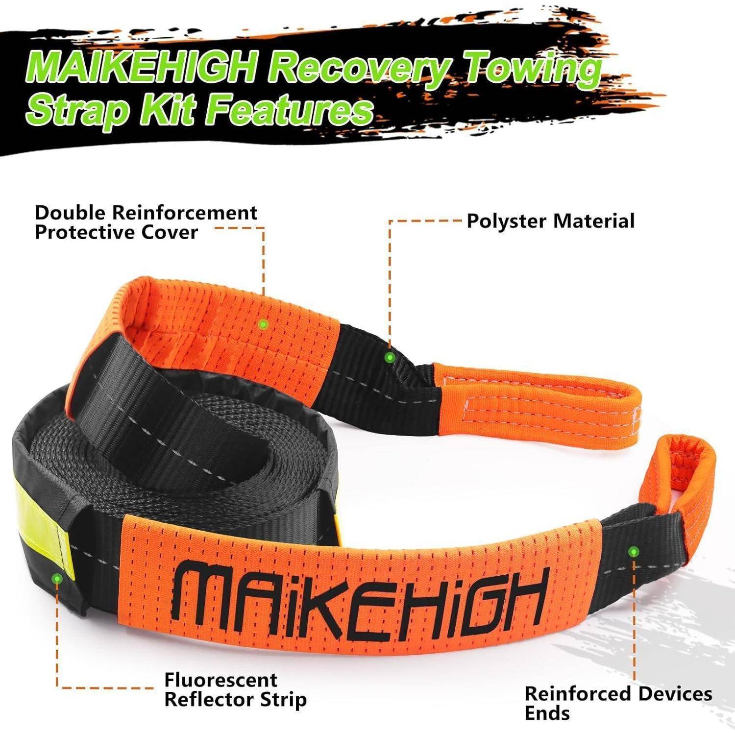 Produktbild eines MAIKEHIGH-Bergungszuggurt-Sets, das einen orange-schwarzen Abschleppgurt mit Beschriftungen für doppelte Verstärkungsabdeckung, Polyestermaterial, fluoreszierendes Reflektorband und verstärkte Enden zeigt.
