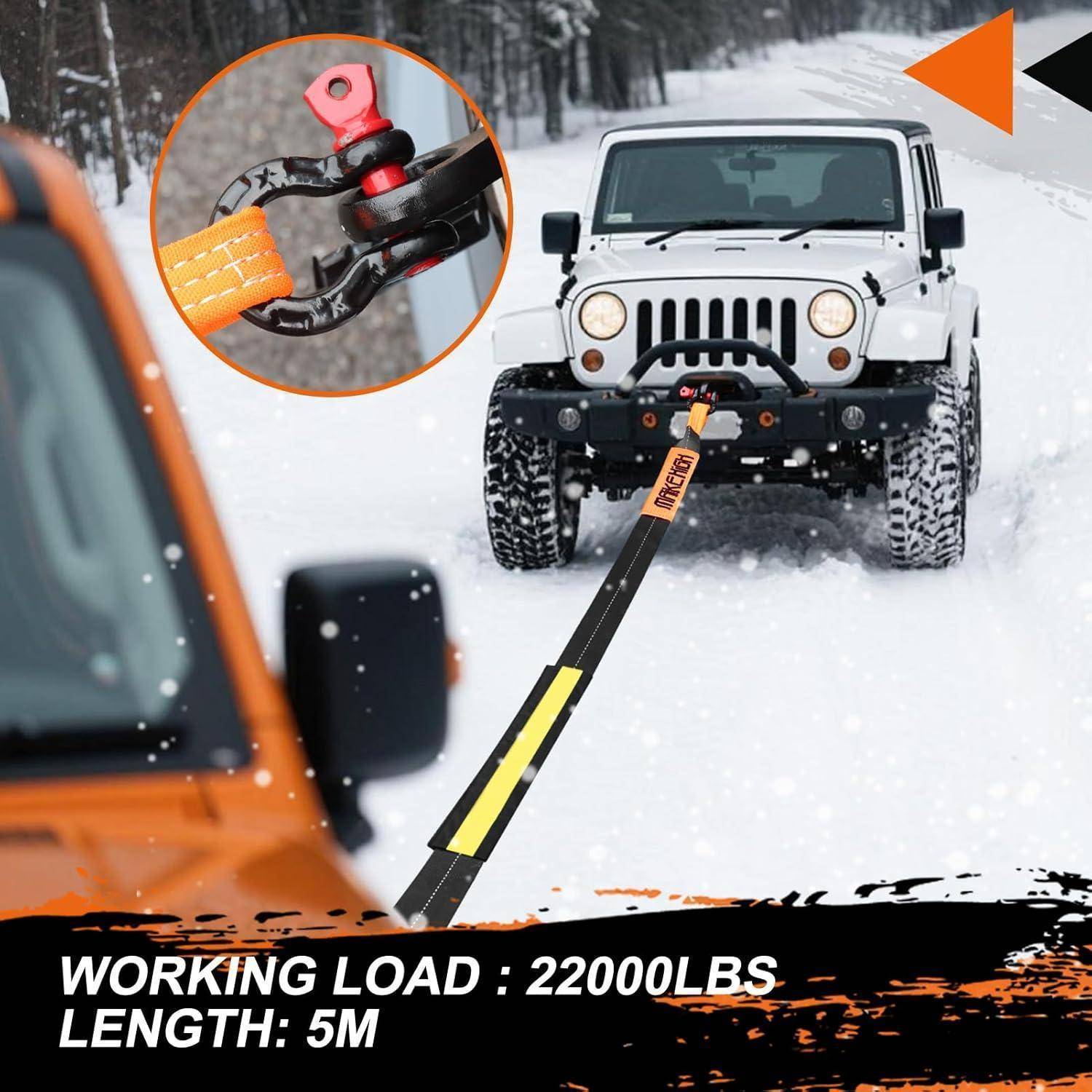 Ein Abschleppseil zieht einen weißen Jeep aus dem Schnee; die Vergrößerung zeigt die Befestigung des Seils mit dem Text „ARBEITSBELASTUNG: 22000 LBS