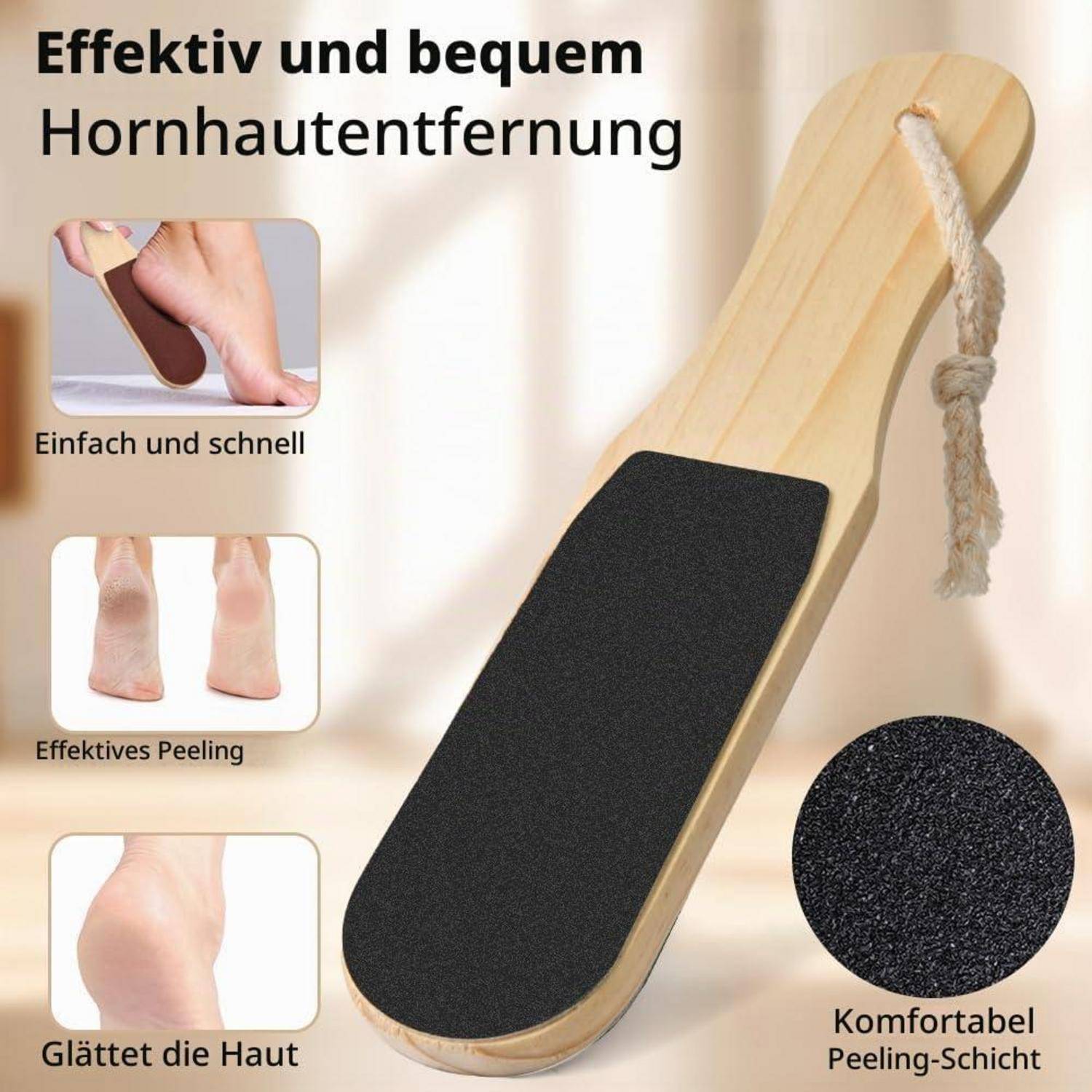 Werbung für eine hölzerne Fußfeile zur Hornhautentfernung, mit der Bezeichnung 