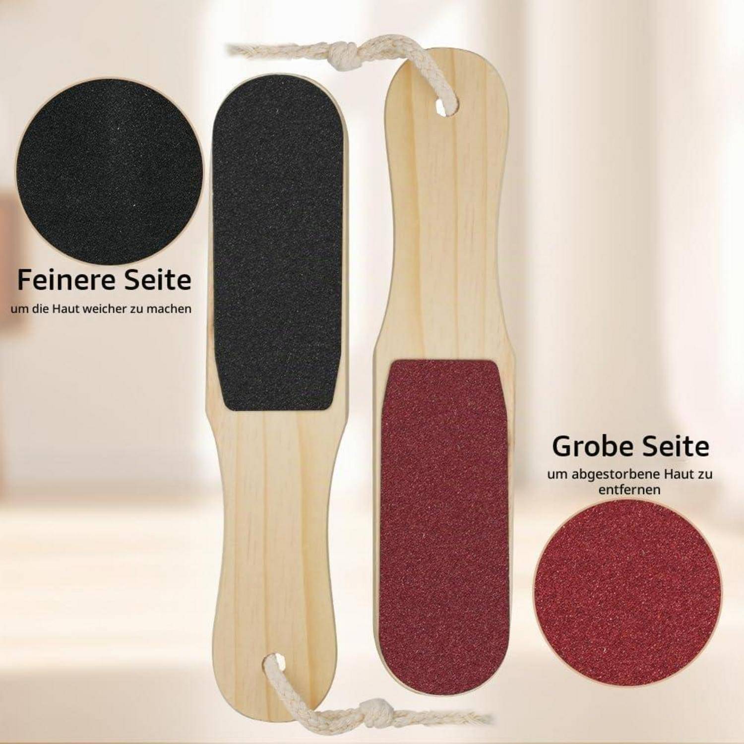 Holzfeile für Füße mit zwei Seiten, schwarze 'Feinere Seite' zum Aufweichen der Haut und rote 'Grobe Seite' zum Entfernen von abgestorbener Haut.