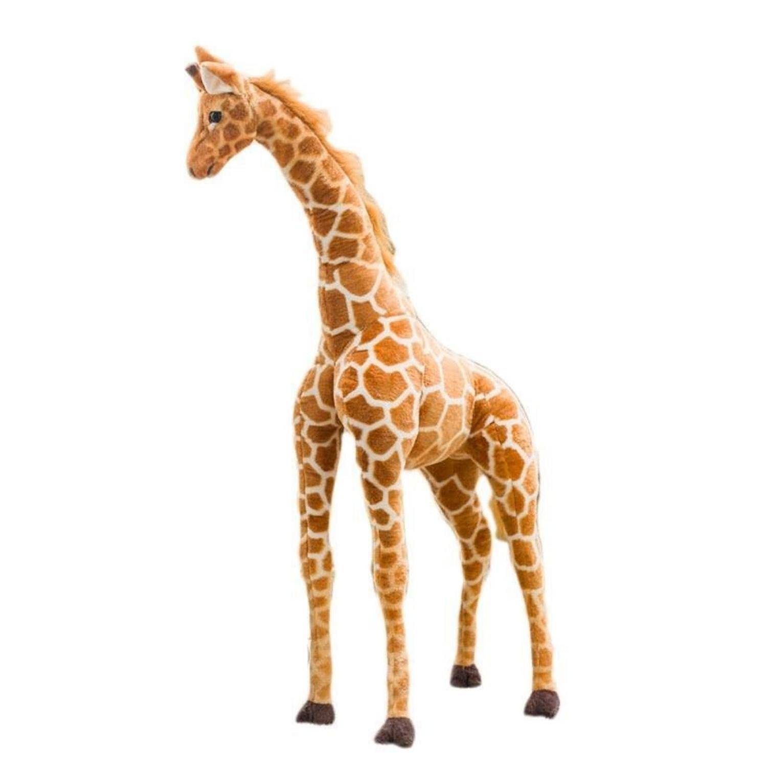 Eine kleine Giraffen-Figur, die aufrecht auf einem einfachen weißen Hintergrund steht.