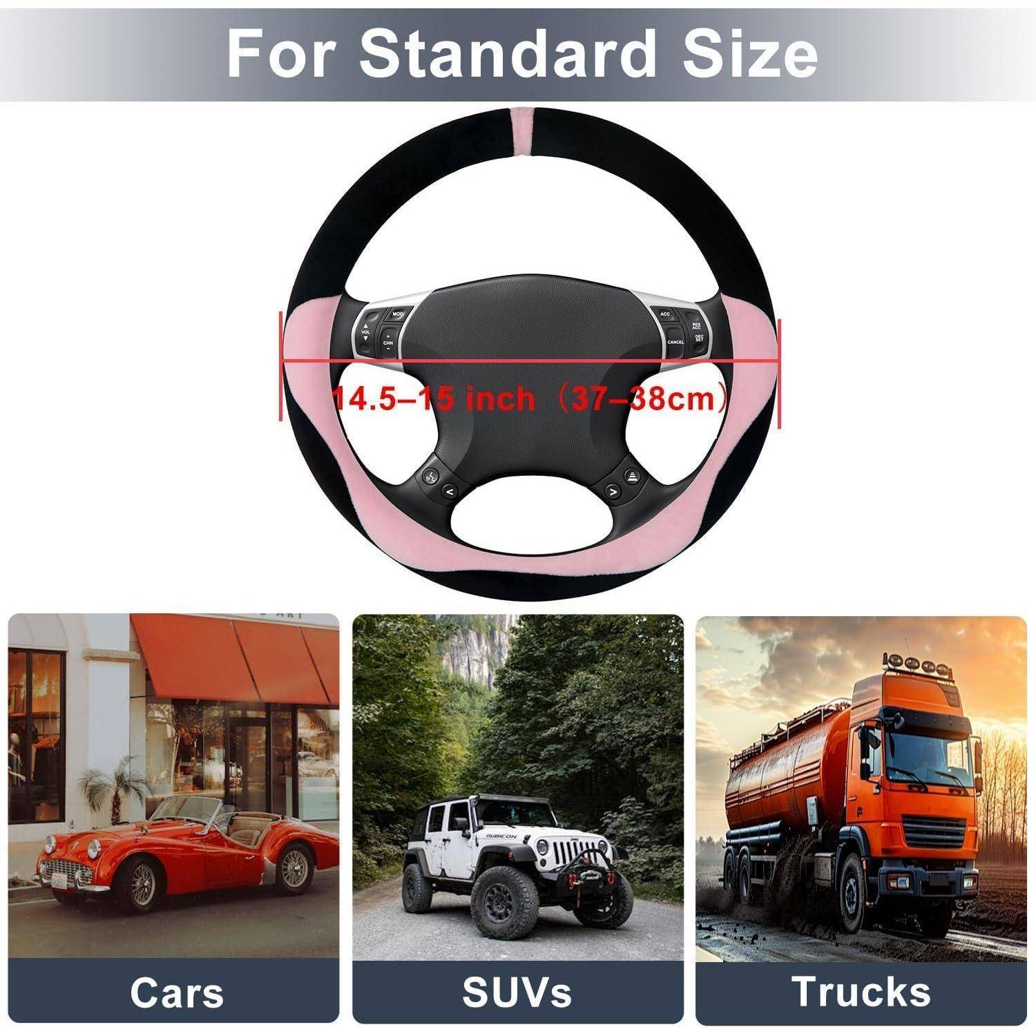 Universelle Lenkradabdeckung für Standardräder, gekennzeichnet mit 14,5-15 Zoll (37-38 cm), gezeigt mit Beispielfahrzeugtypen: Autos, SUVs und Lastkraftwagen.