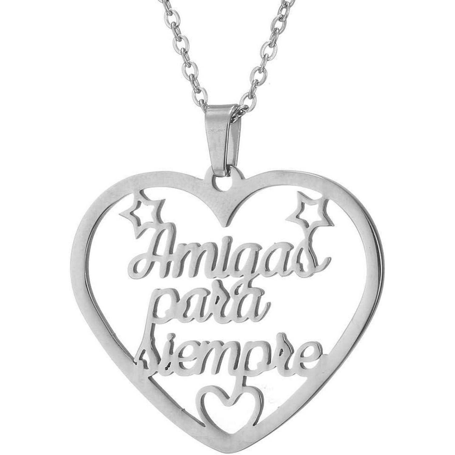 Silberne herzförmige Anhängerkette mit ausgestanztem Text „Amigas para siempre