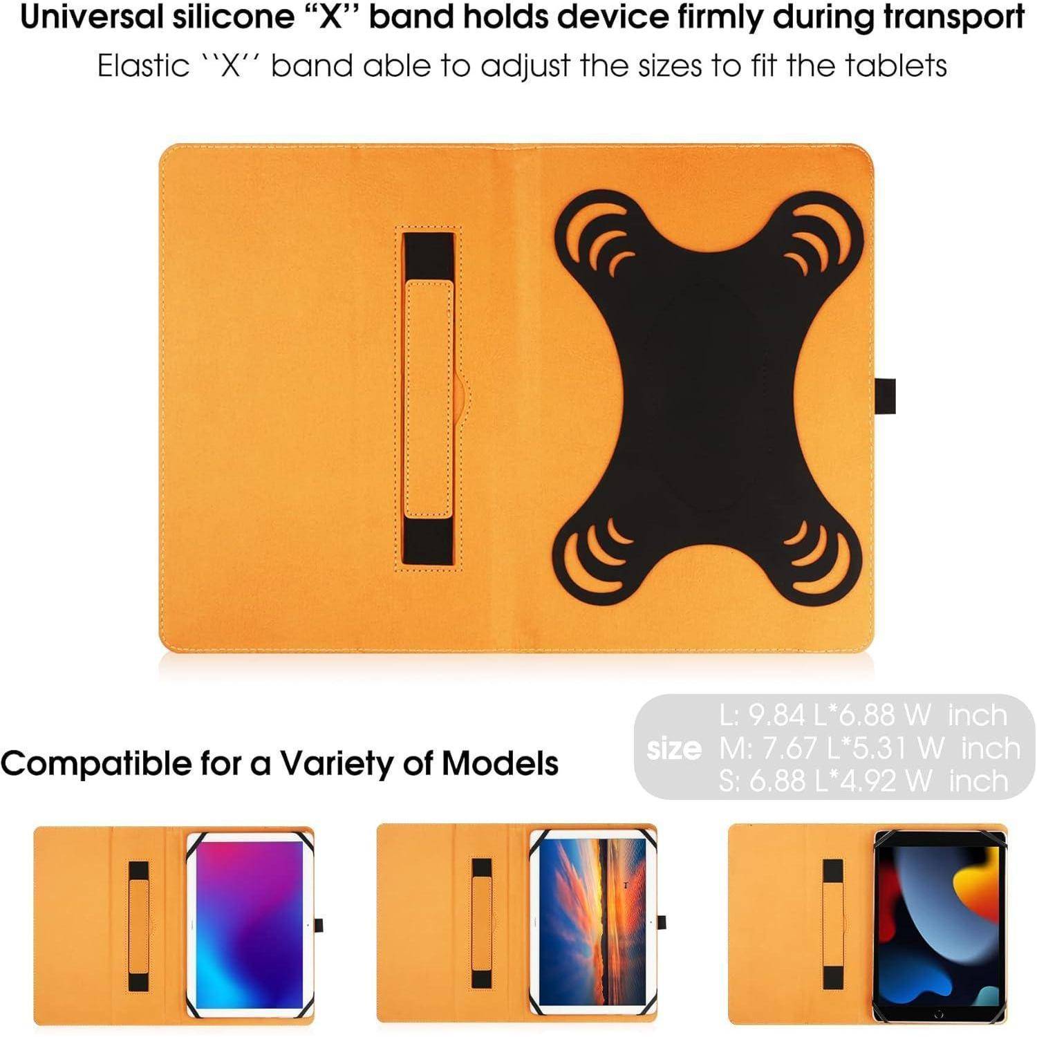 Orangefarbener Tablet-Schutzbeutel mit elastischem X-förmigem Band, das das Gerät während des Transports sicher hält; dargestellt wird die Anpassung an verschiedene Tablet-Größen.