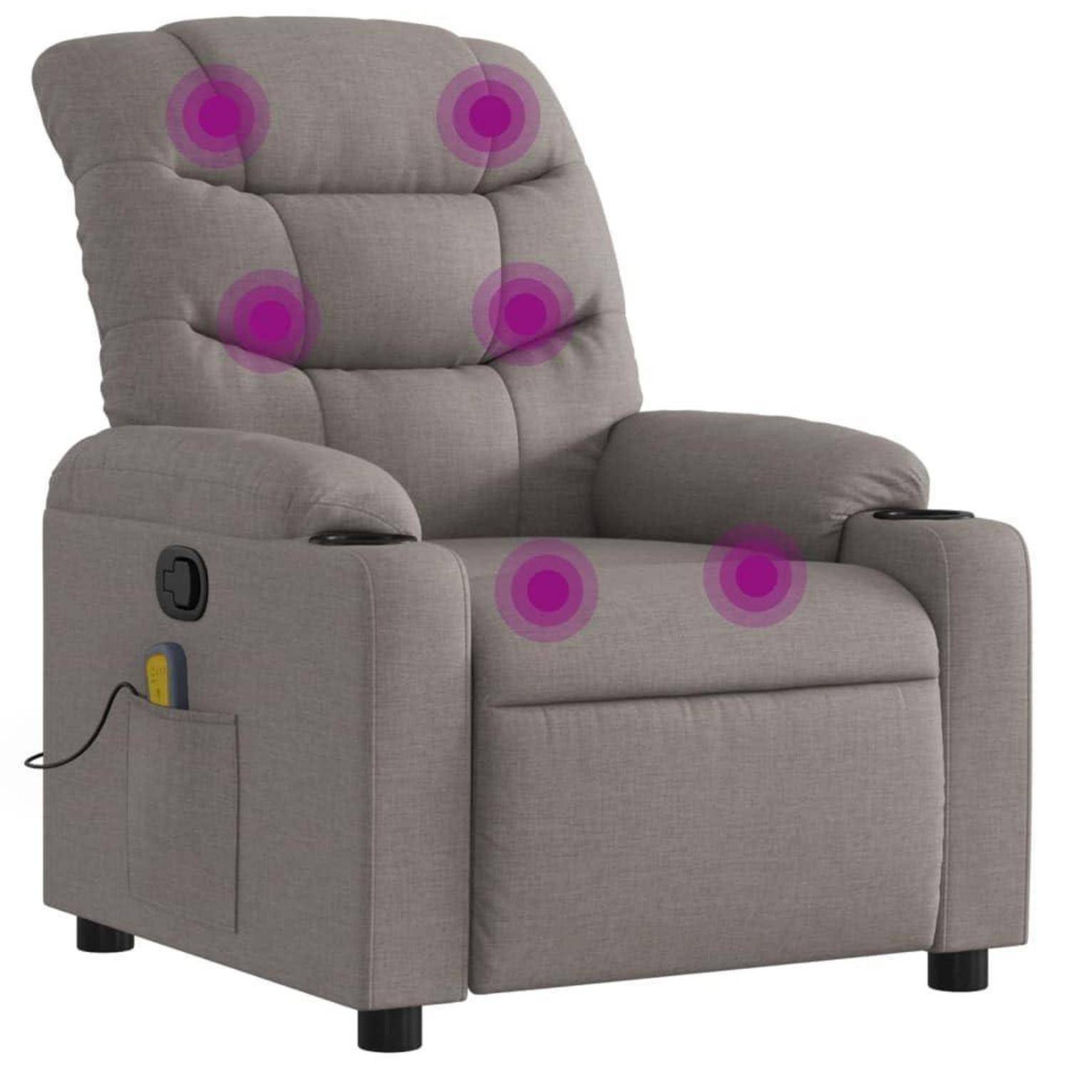 Grauer gepolsterter Relaxsessel mit sechs hervorgehobenen Massagepunkten auf der Rückenlehne, dem Sitz und den Armlehnen.