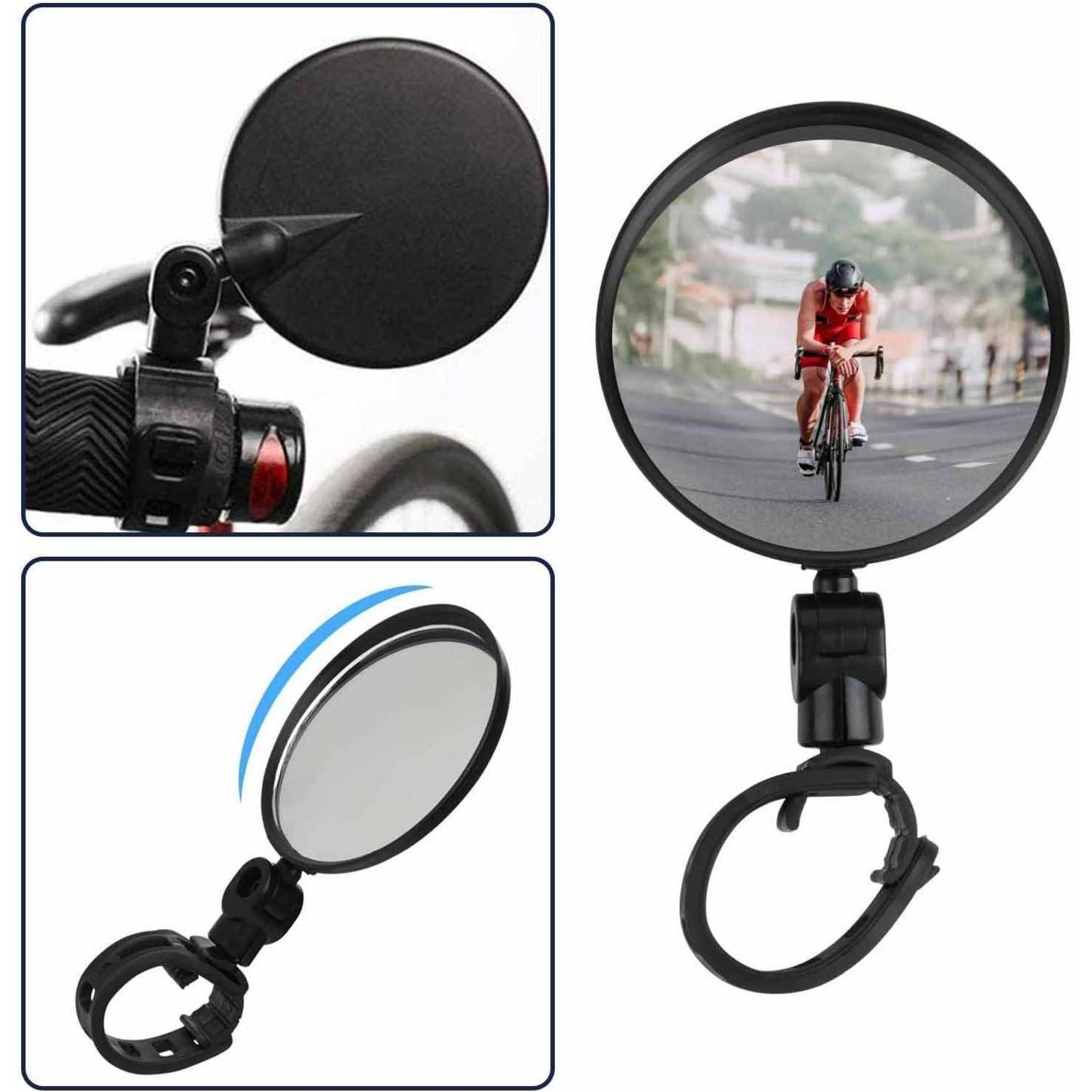 Fahrradvorbau-Rückspiegel mit verstellbarem rundem reflektivem Spiegel und Klemmhalterung, abgebildet an einem Fahrrad befestigt und spiegelnd einen Radfahrer dahinter.