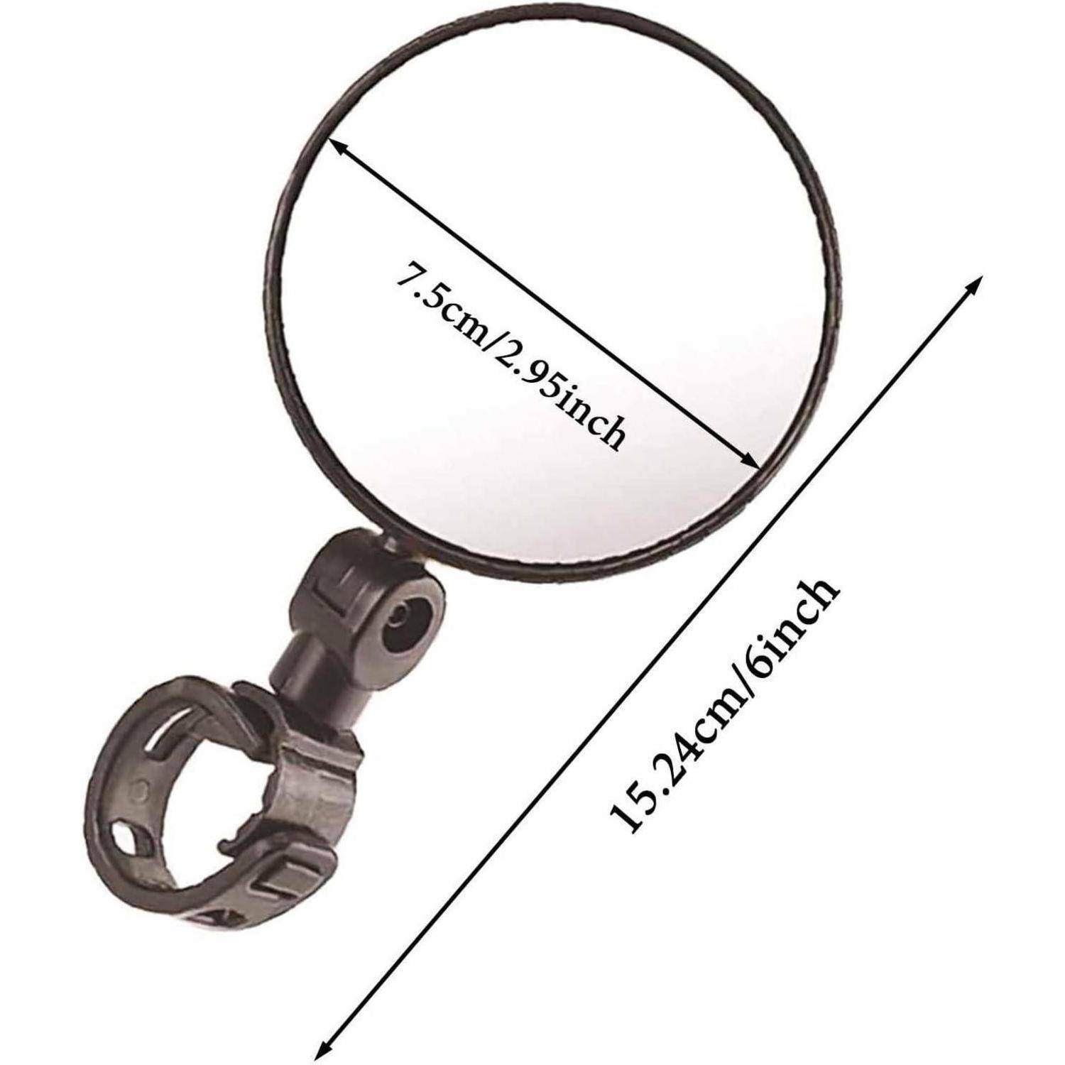 Verstellbarer Fahrradzug-Rückspiegel mit kreisförmigem Spiegelkopf, Klemmhalterung, 7,5 cm Linsendurchmesser und 15,24 cm Gesamtlänge.