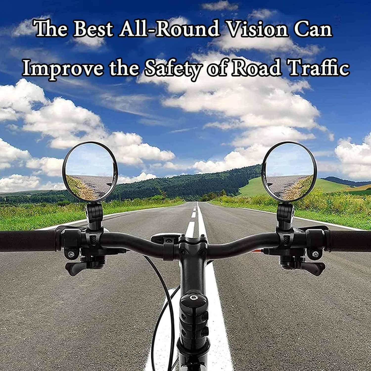 Fahrradlenker mit zwei runden Rückspiegeln, die die Straße reflektieren, darunter der Text „Das beste Rundum-Sichtfeld kann die Sicherheit des Straßenverkehrs verbessern".