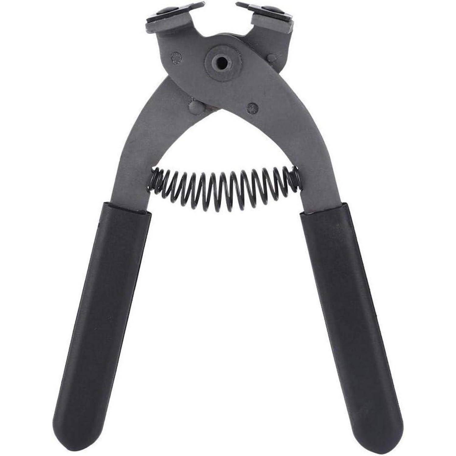 Werkzeug mit schwarzem Griff und Federmechanismus mit gebogenen Metallbacken, geöffnet auf weißem Hintergrund dargestellt.