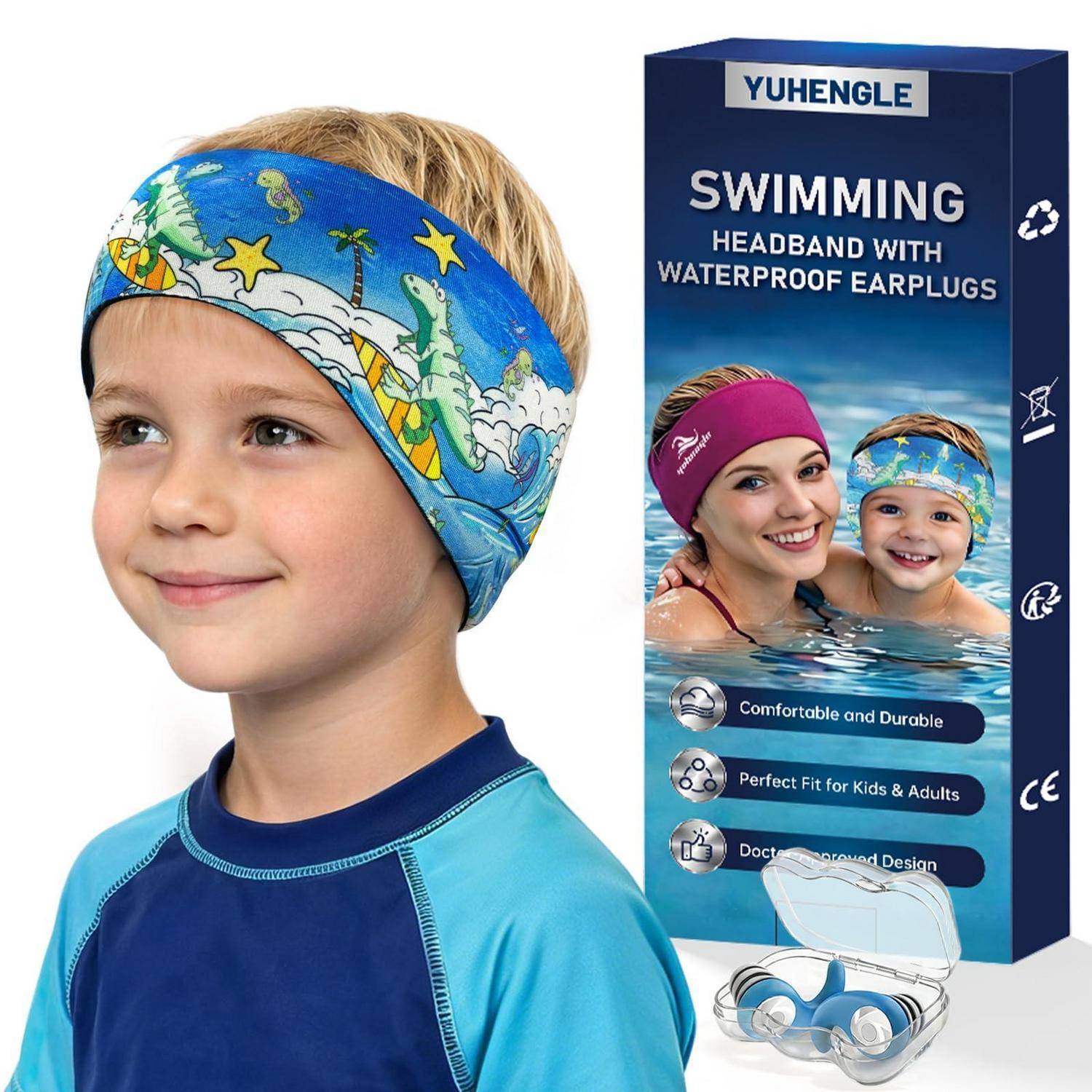 Kind, das einen blauen gemusterten Schwimm-Stirnband trägt, neben einer Produktverpackung für wasserdichte Ohrstöpsel und einem Etui zur Aufbewahrung.