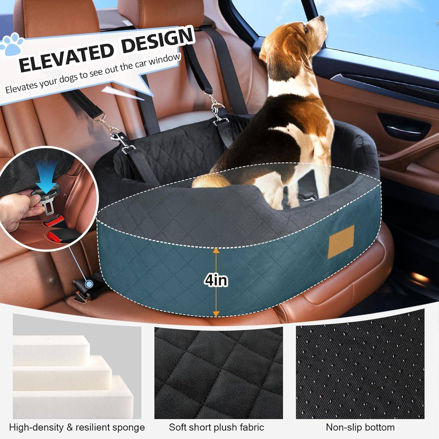 Hundeautositzkissen mit erhöhtem Design, 4 Zoll Aufzug, gesteppte Seiten und rutschfestem Boden, in einem Auto mit Funktionshinweisen dargestellt.