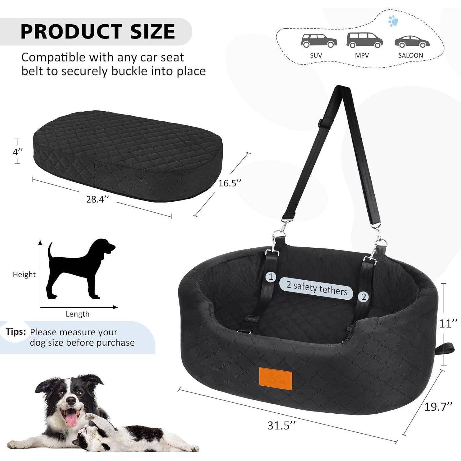 Produktgrößentabelle für ein Hundeautositz-Bett zeigt Abmessungen von 31,5 x 19,7 x 11 Zoll, mit abnehmbarem Polster, Sicherheitsgurten und Autokompabilität.