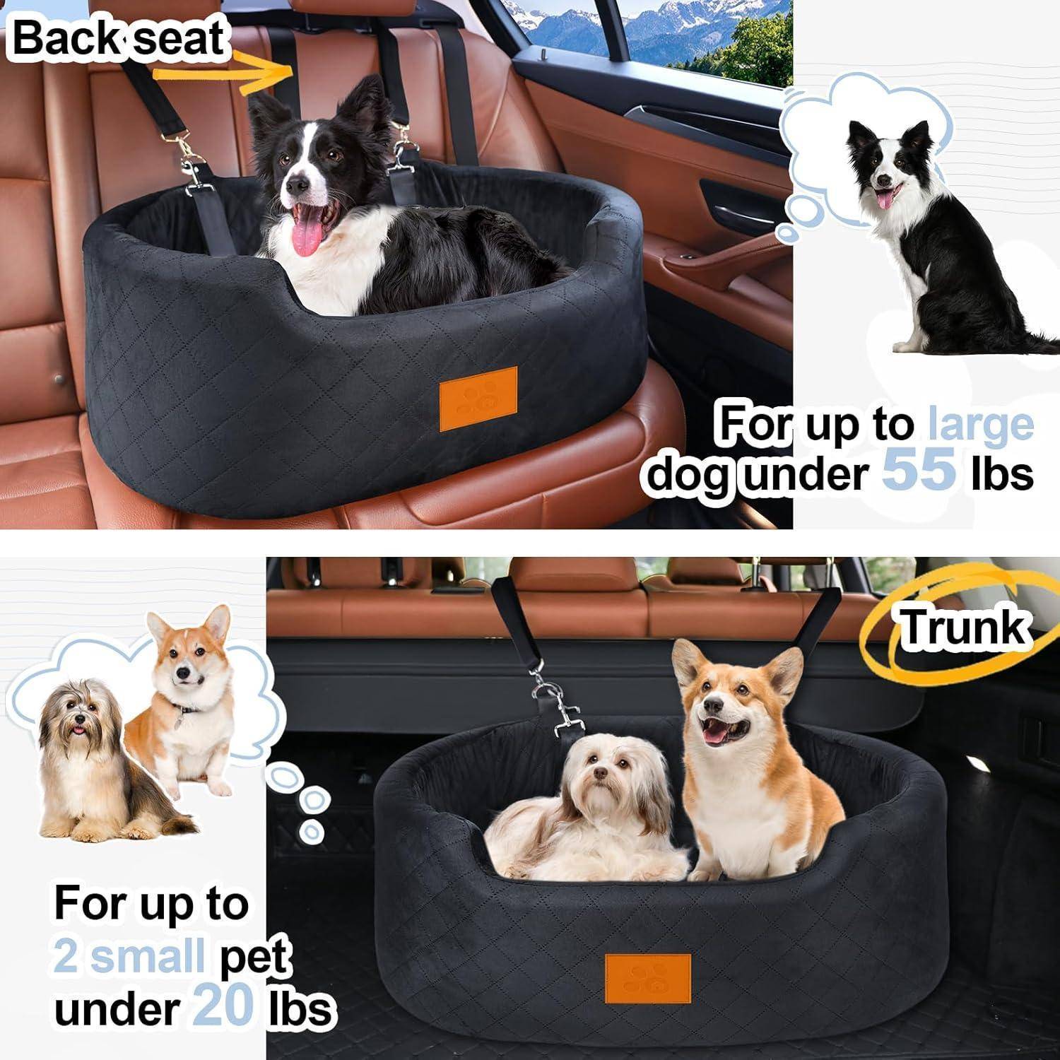 Zweifeldiges Auto-Haustier-Bett-Angebot: Rücksitz-Bett für einen großen Hund unter 55 kg und Kofferraum-Bett für bis zu zwei kleine Haustiere unter 20 kg.