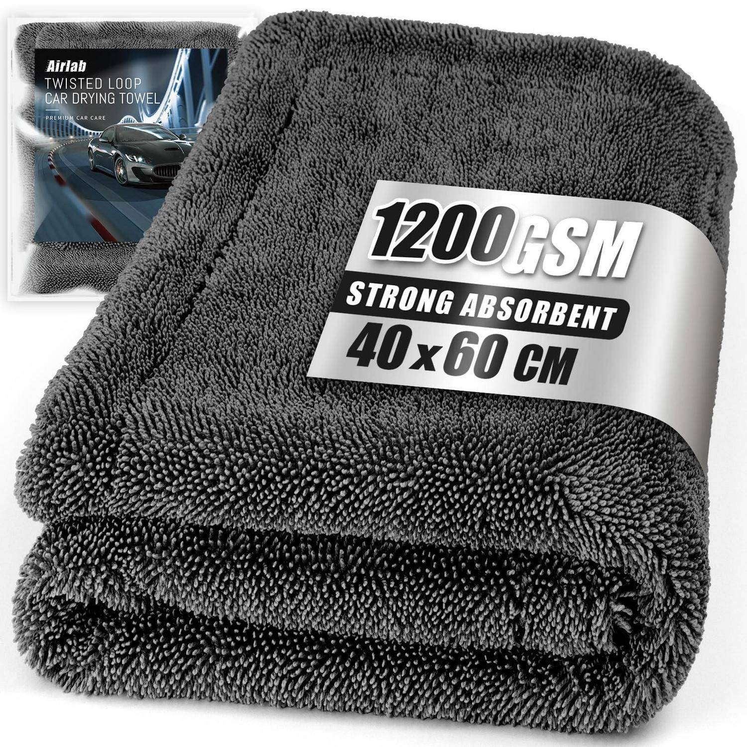 Graues Handtuch zum Trocknen von Autos mit verdrehter Schleifen-Struktur mit Etikett „1200GSM