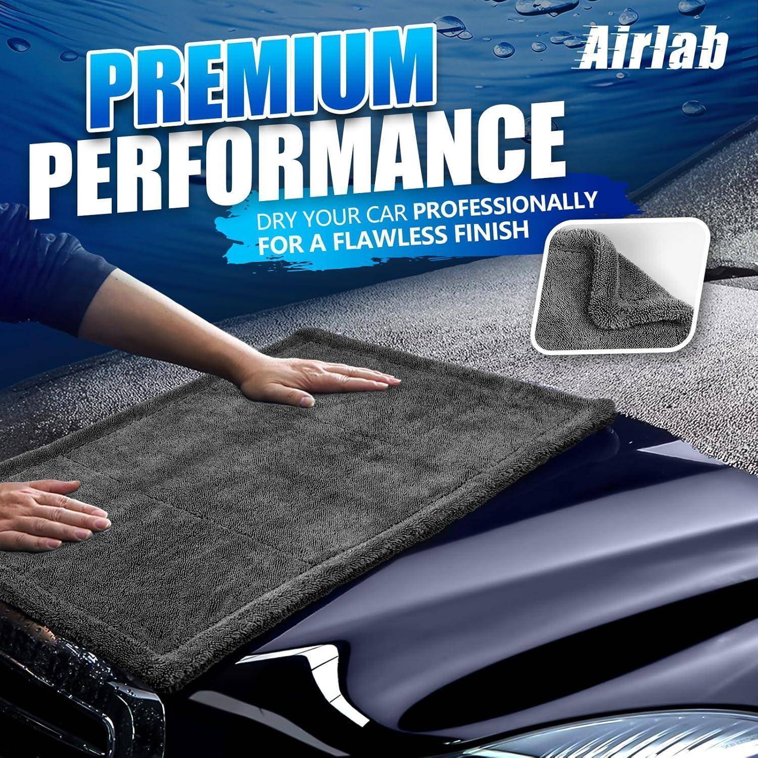 Werbung für Airlab Hochleistungs-Autotrocknungstuch in Premium-Qualität, das zum Trocknen eines Autos für ein makelloses Finish verwendet wird.