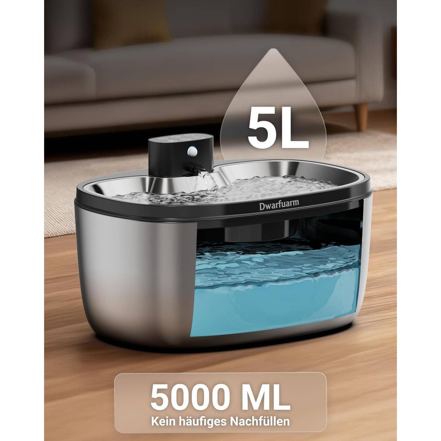 Trinkbrunnen für Hunde,Katzen Trinkbrunnen,Trinkbrunnen für Katze Kabellos | Edelstahl, 5L, Kabellos, 4000mAh Akku, Drei Betriebsmodi, Abnehmbare Wa