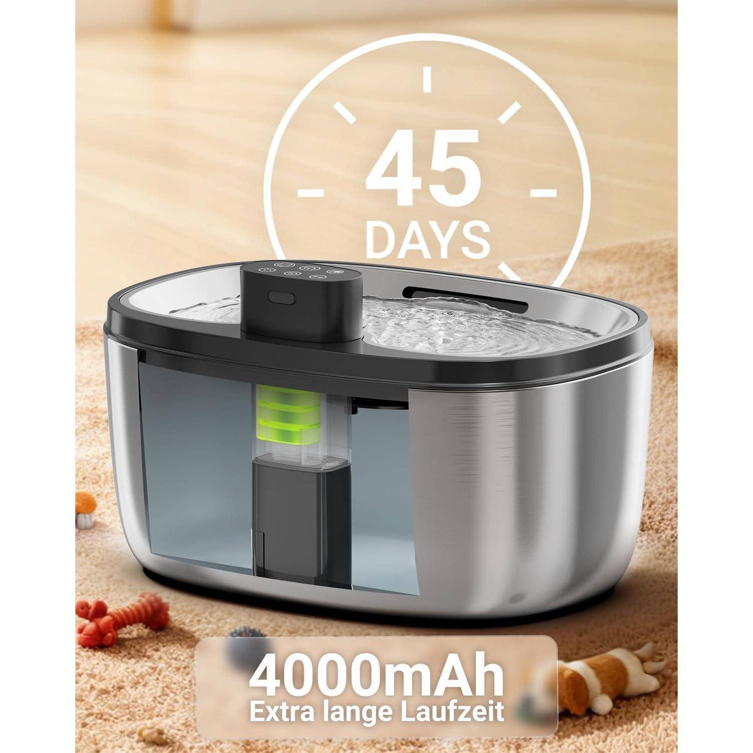 Trinkbrunnen für Hunde,Katzen Trinkbrunnen,Trinkbrunnen für Katze Kabellos | Edelstahl, 5L, Kabellos, 4000mAh Akku, Drei Betriebsmodi, Abnehmbare Wa