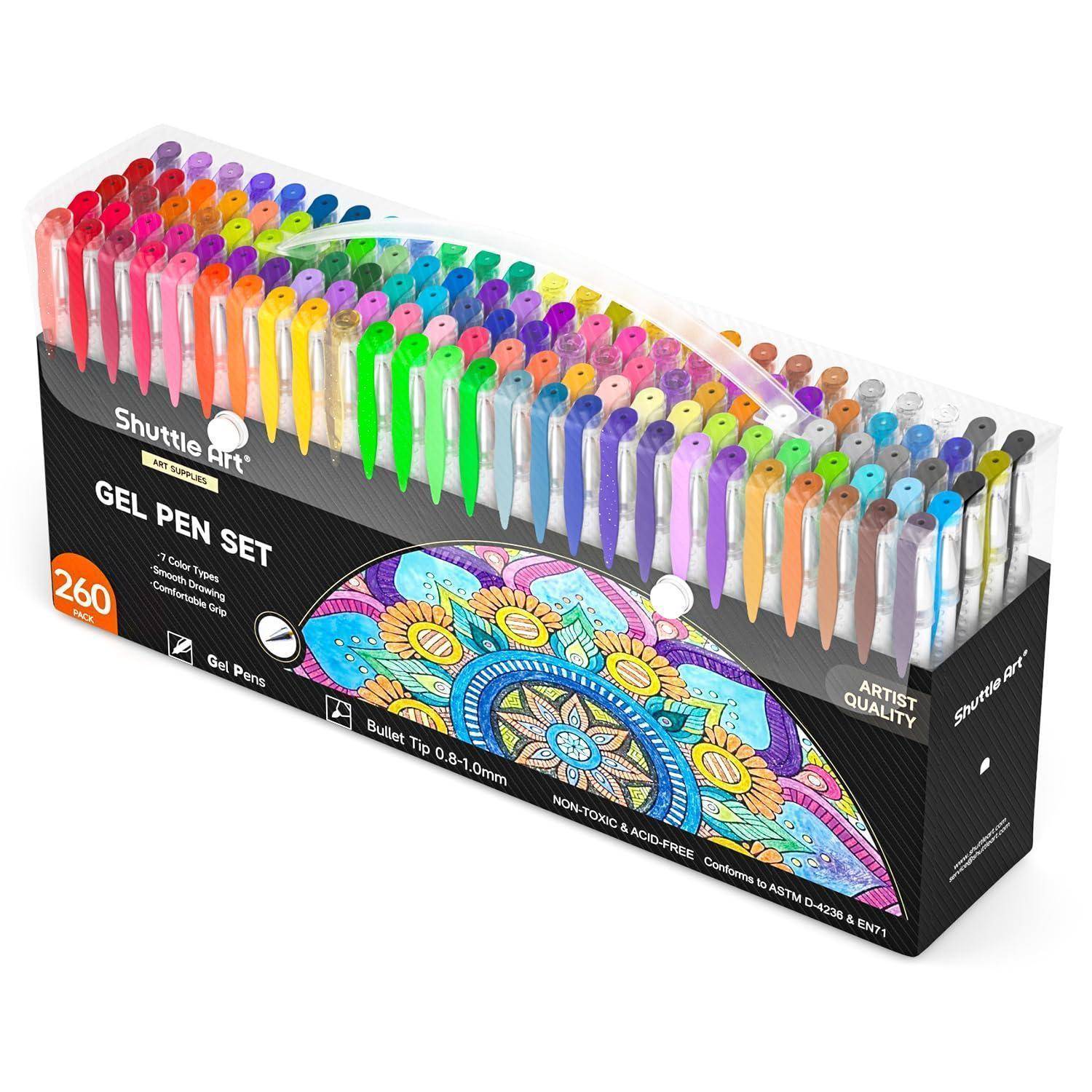 Verpacktes Shuttle Art Gel-Stiftset mit 260 bunten Stiften in Reihen angeordnet, gekennzeichnet als künstlerische Qualität und mit Kullerspitze 0,8–1,0 mm.