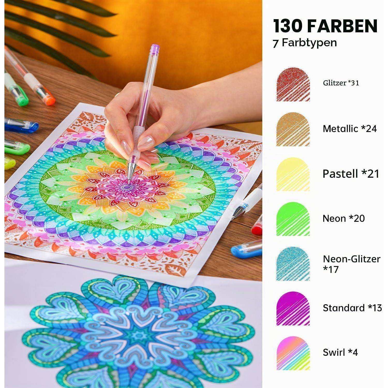 Anzeige für Farbset, die eine Hand zeigt, die mit Markern ein Mandala ausmalt; Text liest sich wie „130 FARBEN