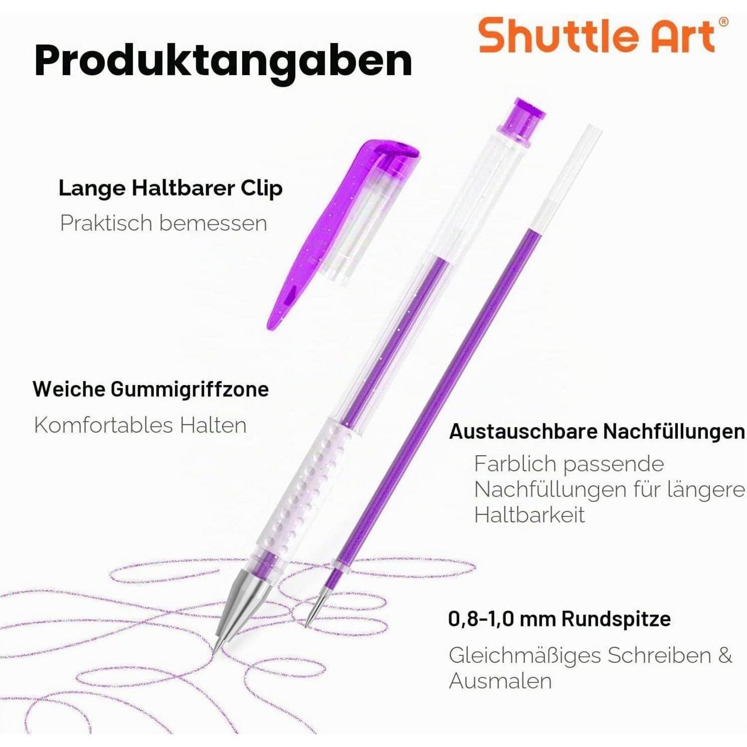 Produktmerkmal-Grafik für Shuttle Art-Stifte mit einem violetten Stift und einer Nachfüllung mit deutschen Beschriftungen: langlebiger Clip, weiches Griffstück, austauschbare Nachfüllungen und 0,8–1,0 mm runde Spitze.