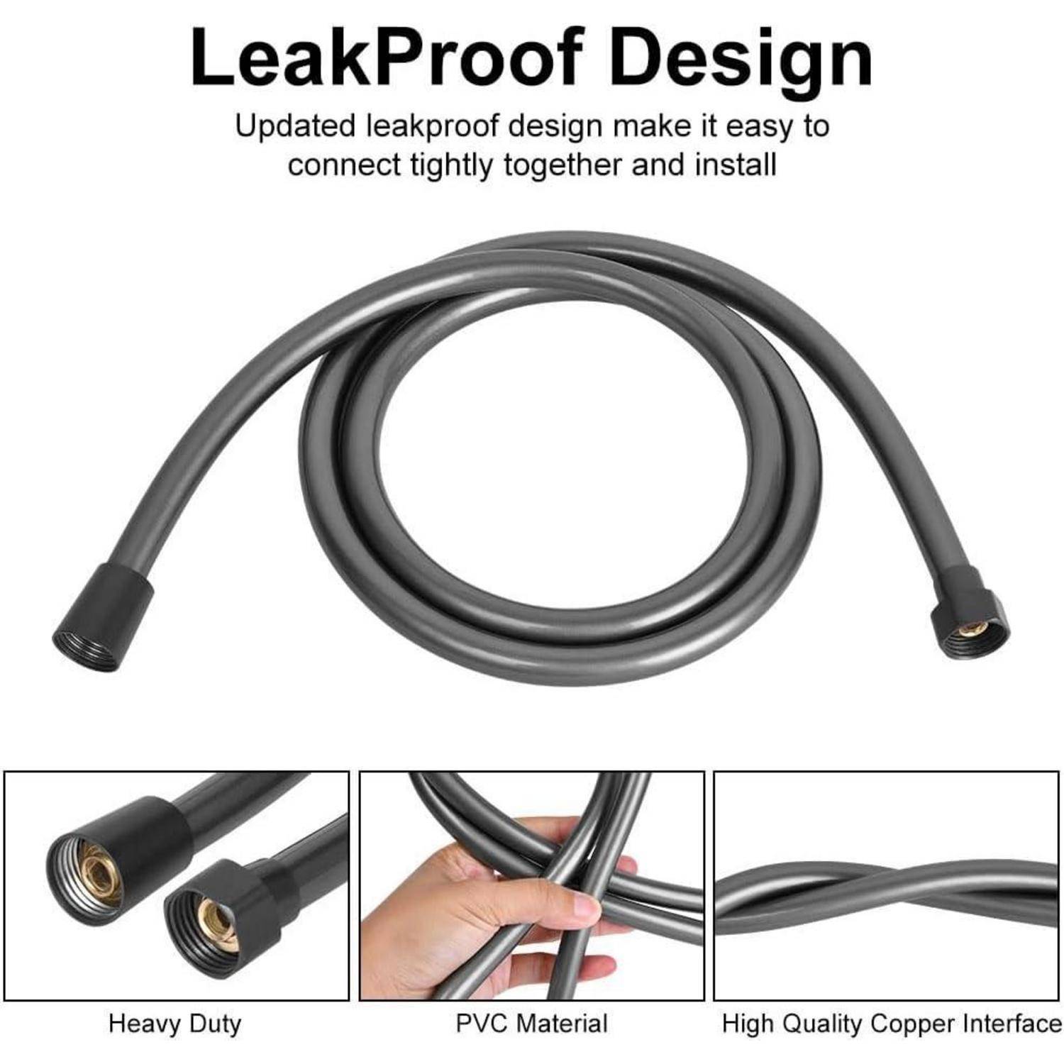Aufgewickelter grauer Schlauch mit Anschlüssen, gekennzeichnet mit „LeakProof Design