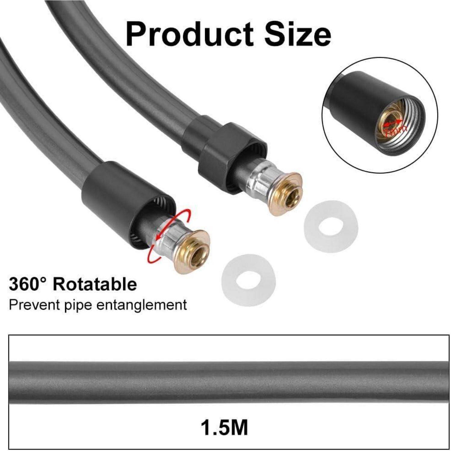 Produktgrößen-Diagramm eines flexiblen Schlauchs mit drehbaren Anschlüssen, gekennzeichnet mit 1,5M und 