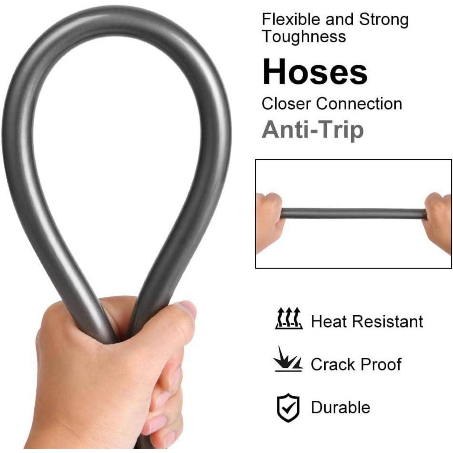 Produktanzeige mit einem flexiblen schwarzen Schlauch in einer Hand, gekennzeichnet mit 'Flexibel und Stark', 'Zähigkeit', 'Schläuche', 'Engere Verbindung', 'Rutschfest', 'Hitzebeständig', 'Rissschutz' und 'Langlebig'.
