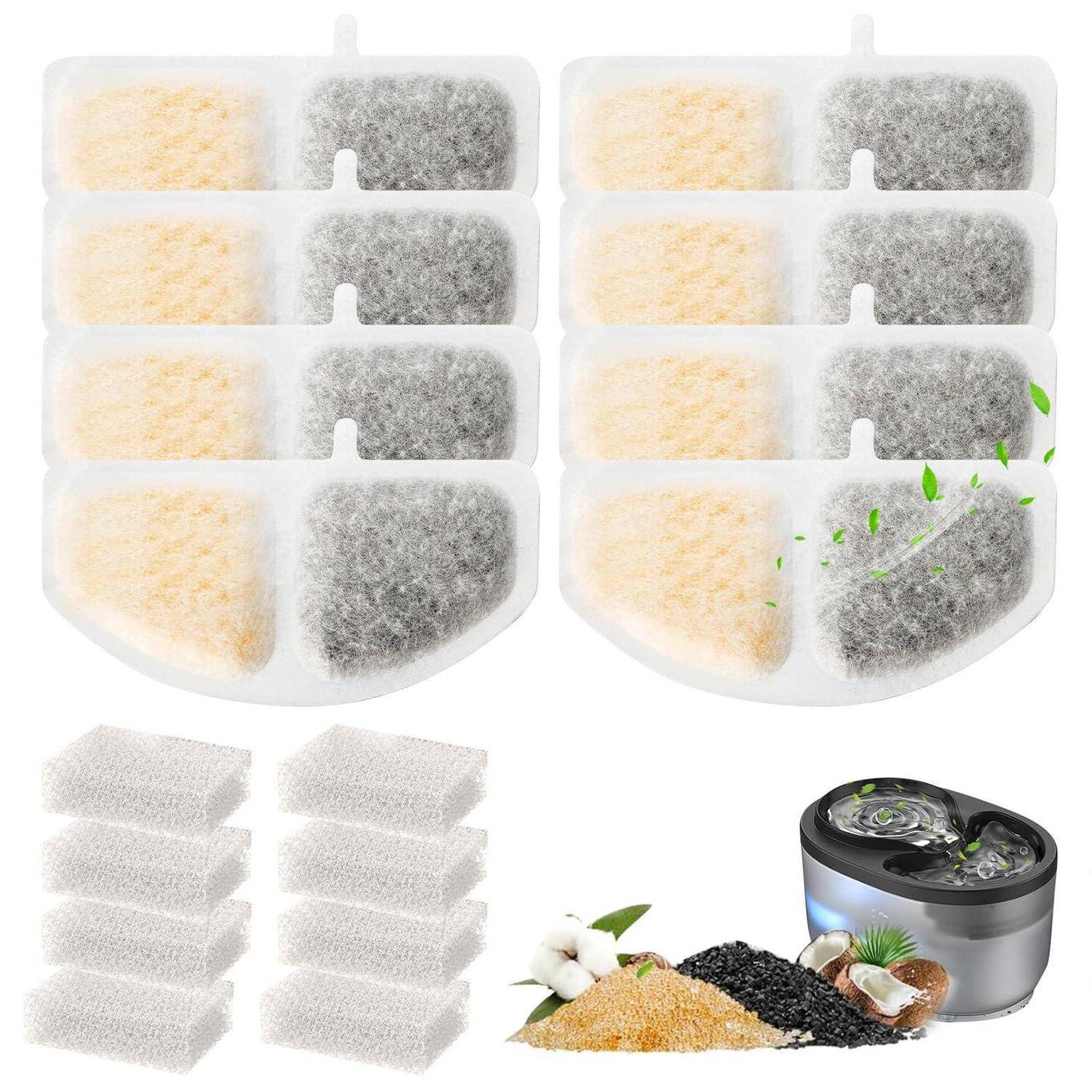 Ersatz-Luftbefeuchter-Filterkartuschen vor und nach Gebrauch, mit grünen Blättern, die verbesserte Filtration anzeigen, sowie kompatible Luftbefeuchtereinheit und Filtermaterialmuster.