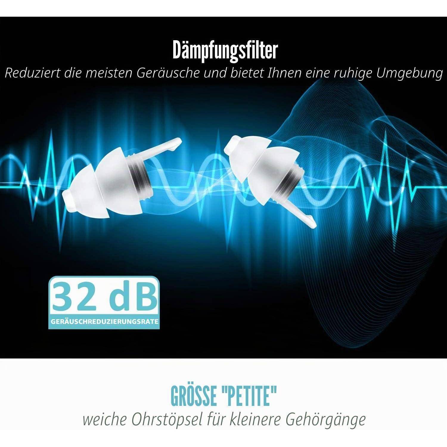 Werbung für lärmreduzierte Ohrstöpsel, die zwei weiße Ohrstöpsel über einer blauen Schallwelle zeigt, mit '32 dB' Lärmreduzierung und 'petite' für kleinere Gehörgänge.