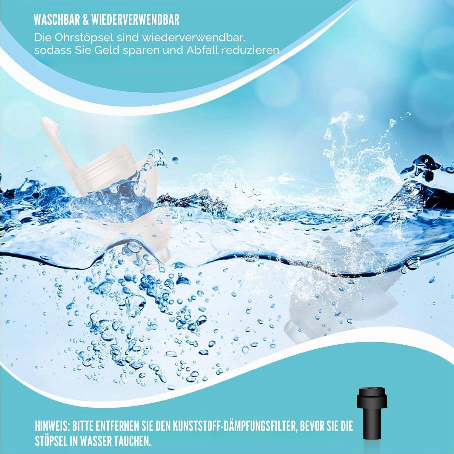 Abbildung von wiederverwendbaren Ohrstöpseln im Wasser, beschriftet mit „WASCHBAR & WIEDERVERWENDBAR
