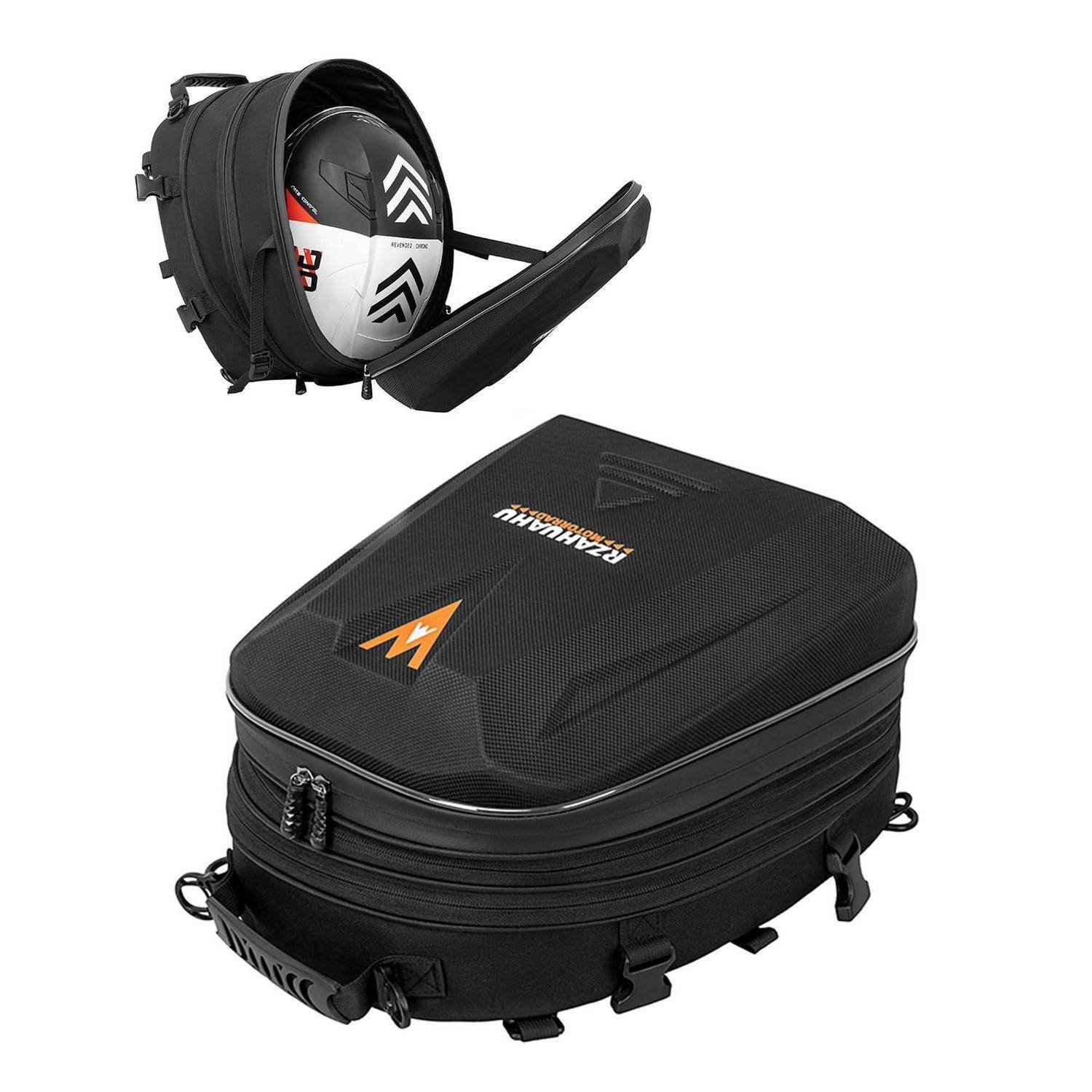 Schwarzer robuster Rucksack oder Helmtransportbehälter, geöffnet mit einem Helm im Inneren und geschlossen darunter dargestellt, was die Lagerungs- und Transportfunktion anzeigt.