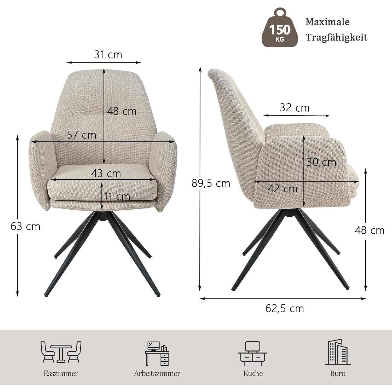 Esszimmerstühle Drehbar Beige 6er Set mit Armlehne, Küchenstuhl Polsterstuhl aus Leinen, Drehstuhl Esszimmer mit Hoher Rückenlehne und Metallbeine