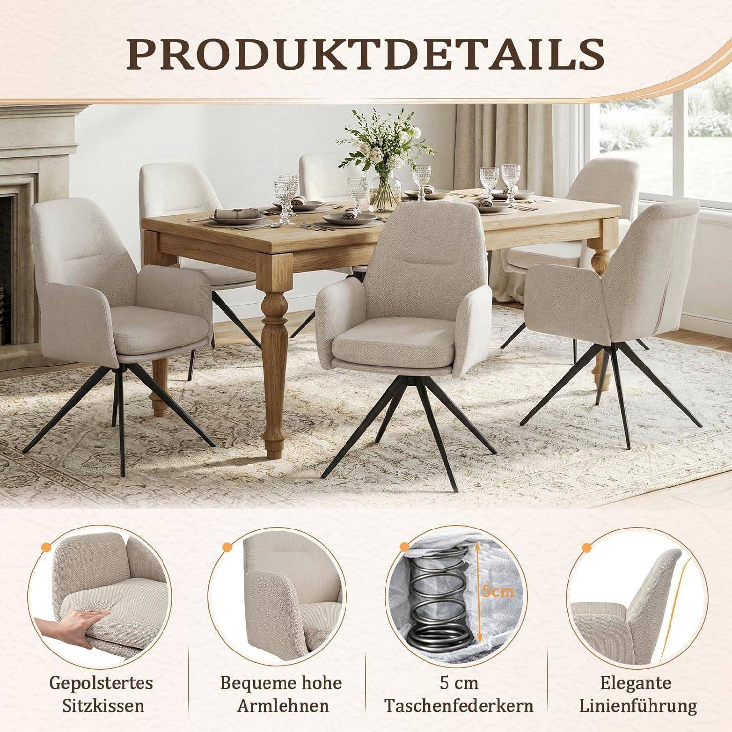 Esszimmerstühle Drehbar Beige 6er Set mit Armlehne, Küchenstuhl Polsterstuhl aus Leinen, Drehstuhl Esszimmer mit Hoher Rückenlehne und Metallbeine