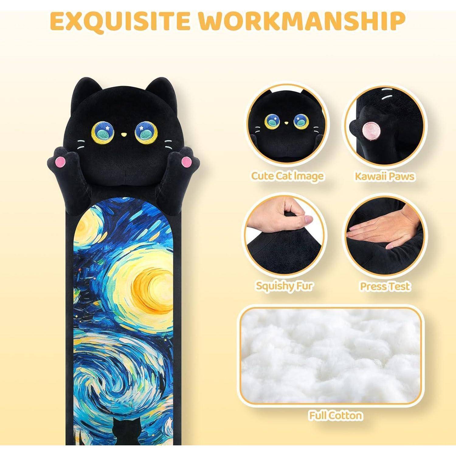 Werbebild einer schwarzen Katzenplüschfigur mit buntem geschwungenem Körper, gekennzeichnet als 