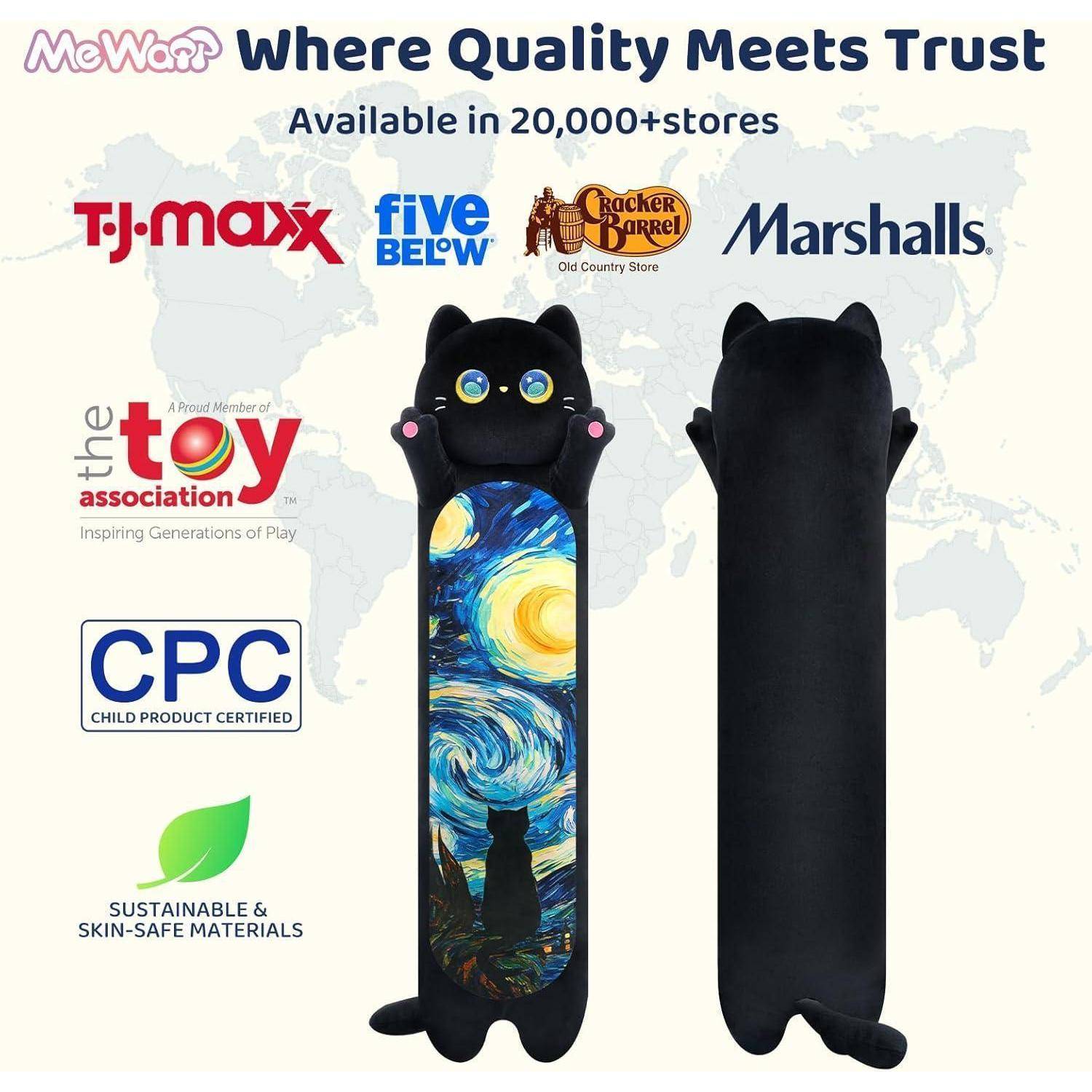Werbebild eines schwarzen katzenfärmigen Skateboard-Decks, das vorne und hinten gezeigt wird, mit „Where Quality Meets Trust