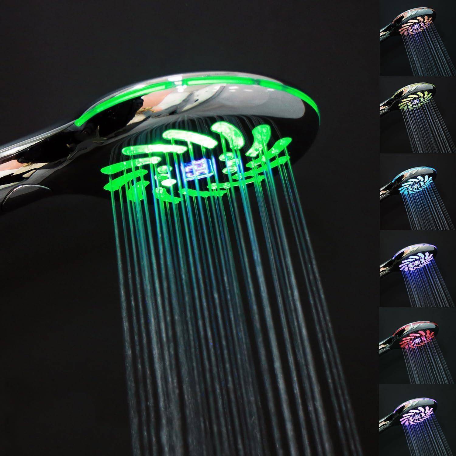 Chrombrausekopf mit leuchtendem grünem LED-Licht und mehreren Wasserstrahlen; Detailbilder zeigen denselben Brausekopf in verschiedenen Lichtfarben.