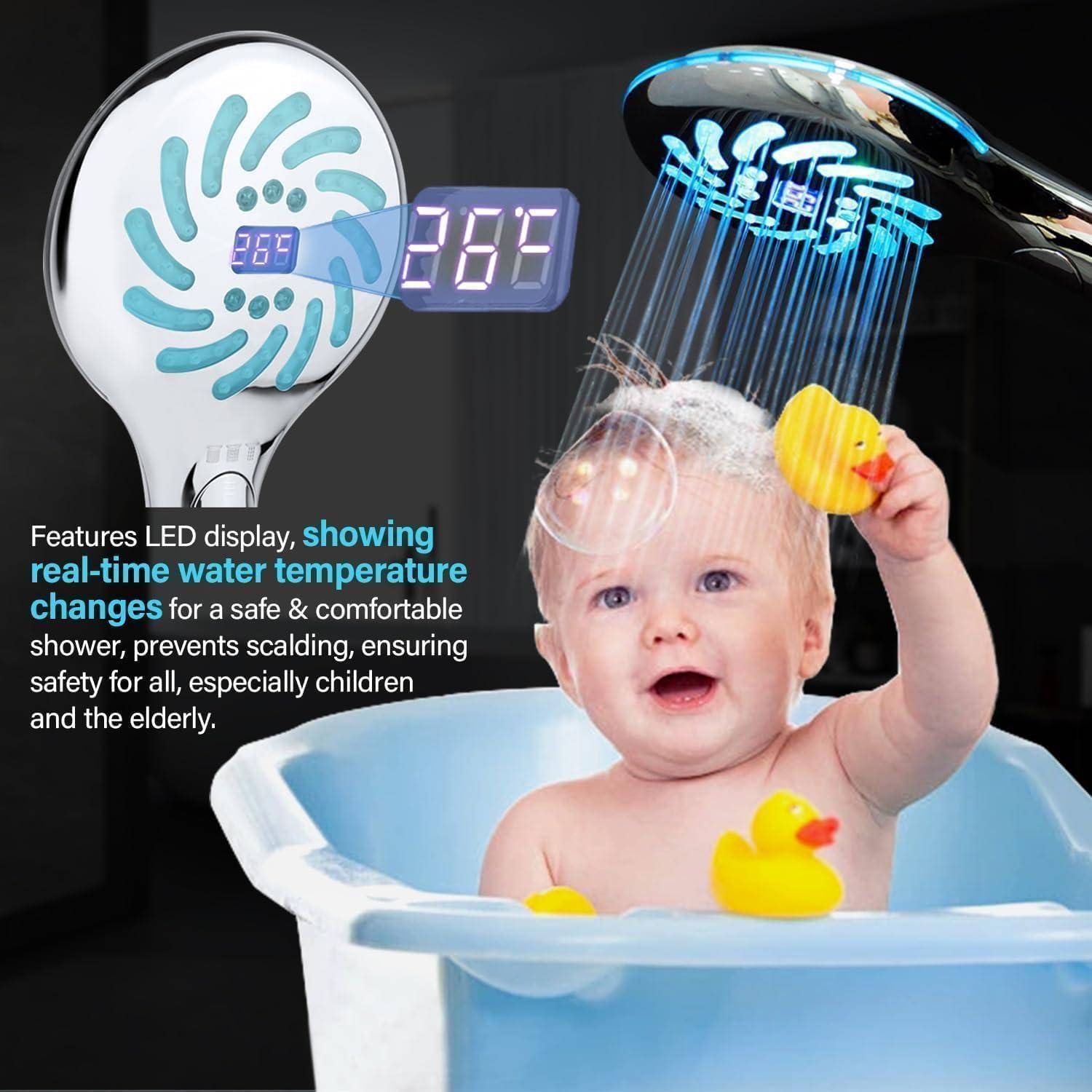 Duschkopf mit Temperaturanzeige, Duschkopf LED Temperatur, 3 Duschmodi Duschkopf mit Beleuchtung, LED Handbrause 7 Farben ändern sich Automatisch