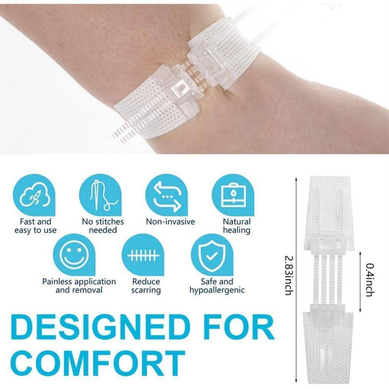Werbegrafik, die ein transparentes medizinisches Hautabschlussgerät auf einem Arm zeigt, mit Symbolen, die schnelle, nicht-invasive, schmerzfreie Anwendung, reduzierte Narbenbildung und "FÜR KOMFORT ENTWICKELT"" hervorheben.