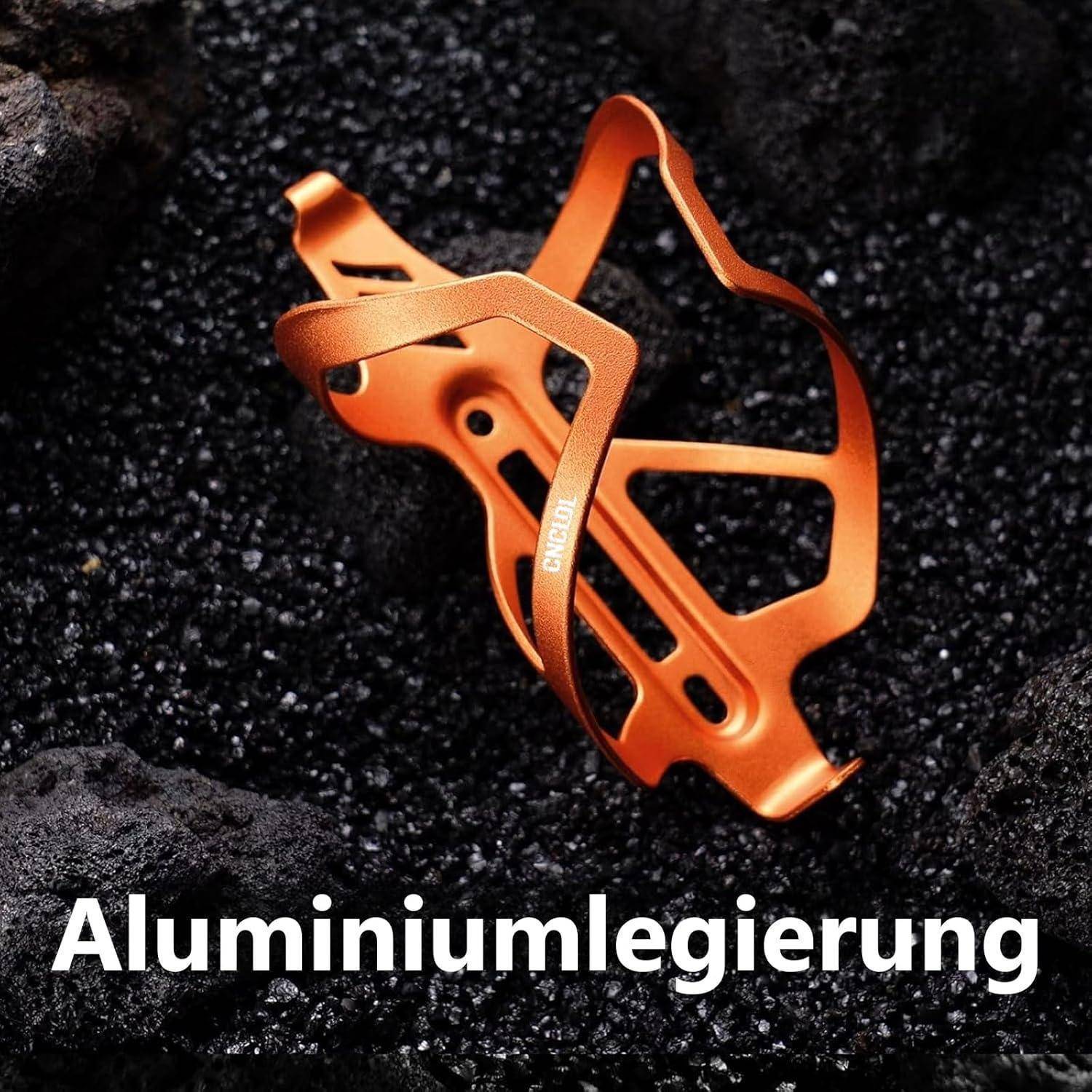Oranges Aluminiumflaschenhalter auf dunklem felsigem Hintergrund mit dem Wort „Aluminiumlegierung