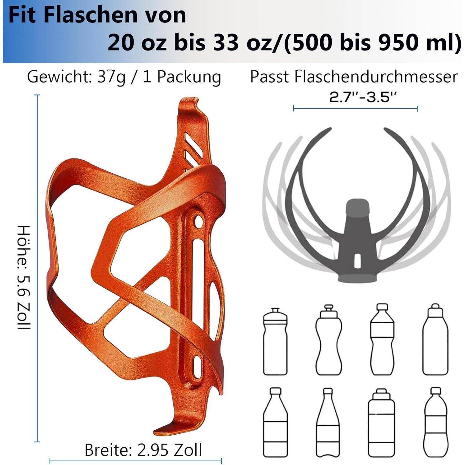 Orangener Fahrrad-Flaschenhalter mit Abmessungen und Passformführung: passt für Flaschen mit 20–33 oz Fassungsvermögen, 5,6 Zoll Höhe, 2,95 Zoll Breite, Flschendurchmesser 2,7–3,5 Zoll, Gewicht 37 g.
