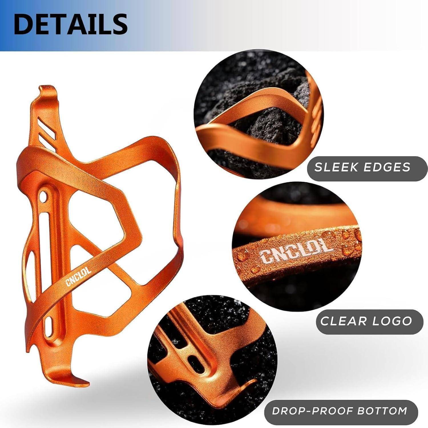 Orange eloxiertes Fahrrad-Trinkflaschenhalter mit Detailansichten für schlanke Kanten, deutliches Logo und bruchsicheren Boden.