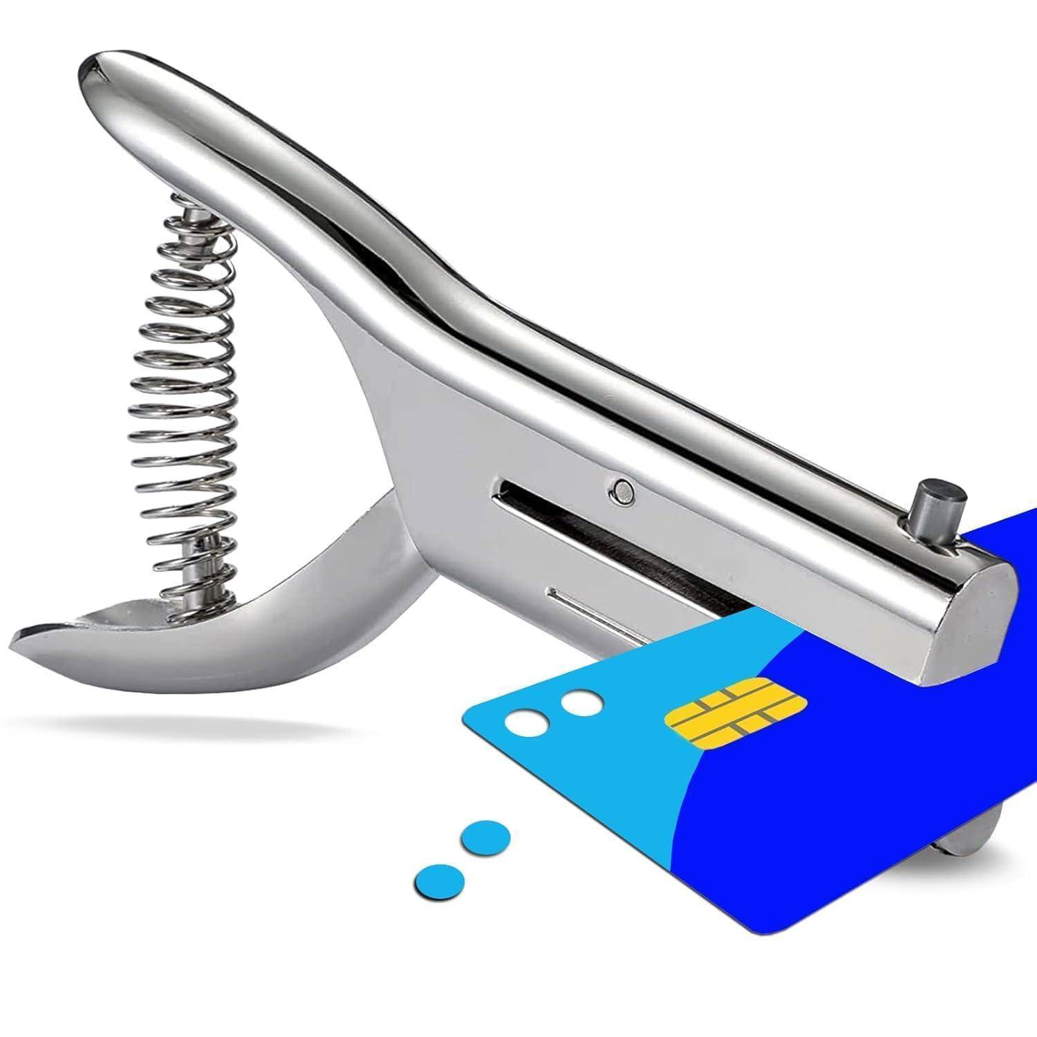 Metallcliphalter mit Feder, der eine blaue Kreditkarte und eine SIM-Karte hält und einem zangenähnlichen Spender ähnelt.