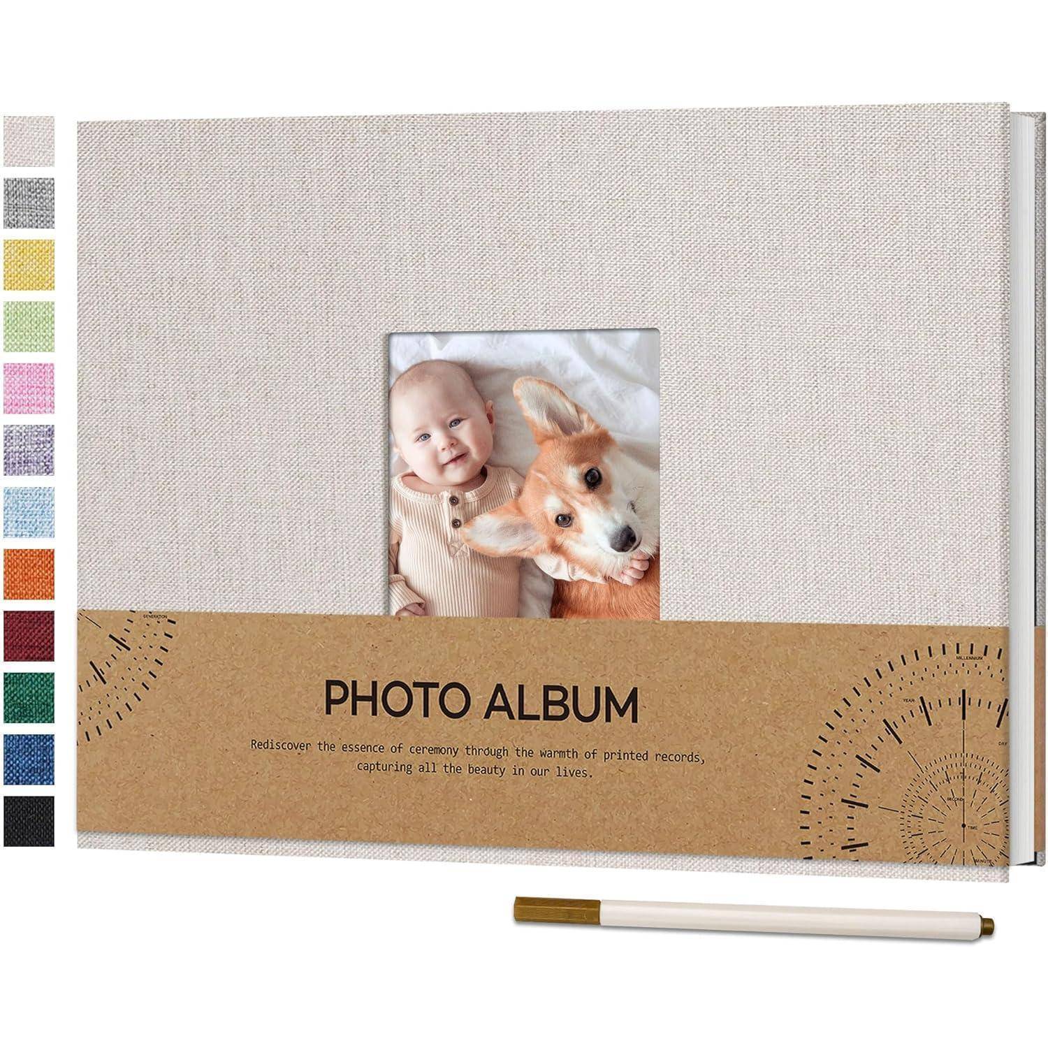 Beige Fotoalbum mit einem kleinen Babys-und-Hund-Titelbild, beschriftet mit „PHOTO ALBUM