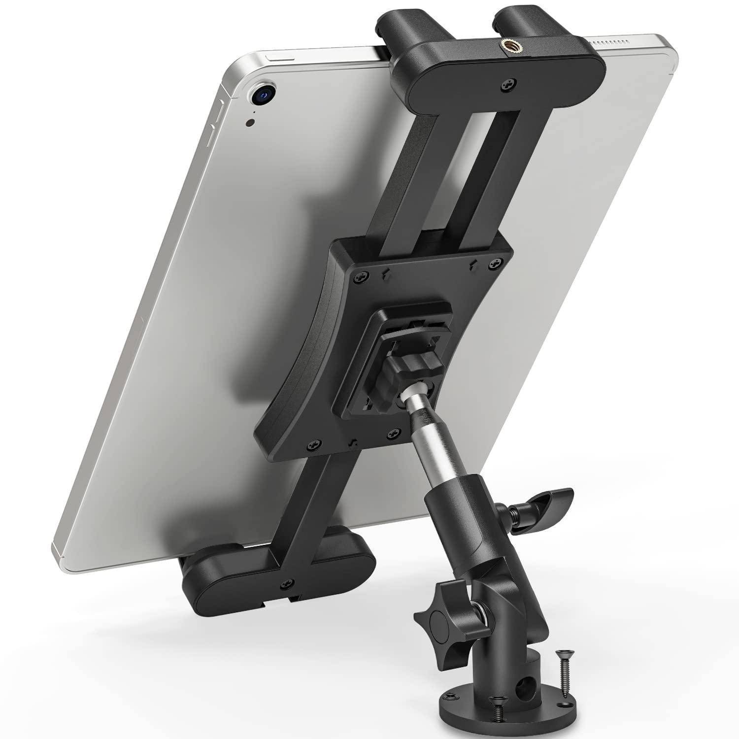 Tablet in einer verstellbaren schwarzen Schreibtischhaltung mit Klemmfuß und beweglichem Arm.