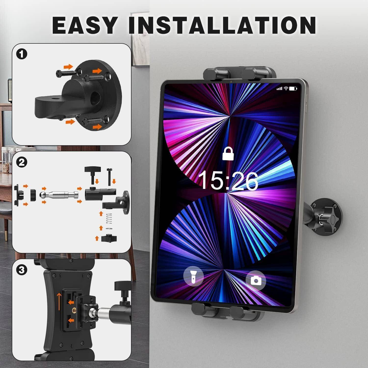 Illustration mit dem Titel "EINFACHE INSTALLATION"" zeigt eine an der Wand montierte Tablet-/Telefonhalterung mit drei nummerierten Montageschritten und einem auf der Halterung befestigten Gerät.