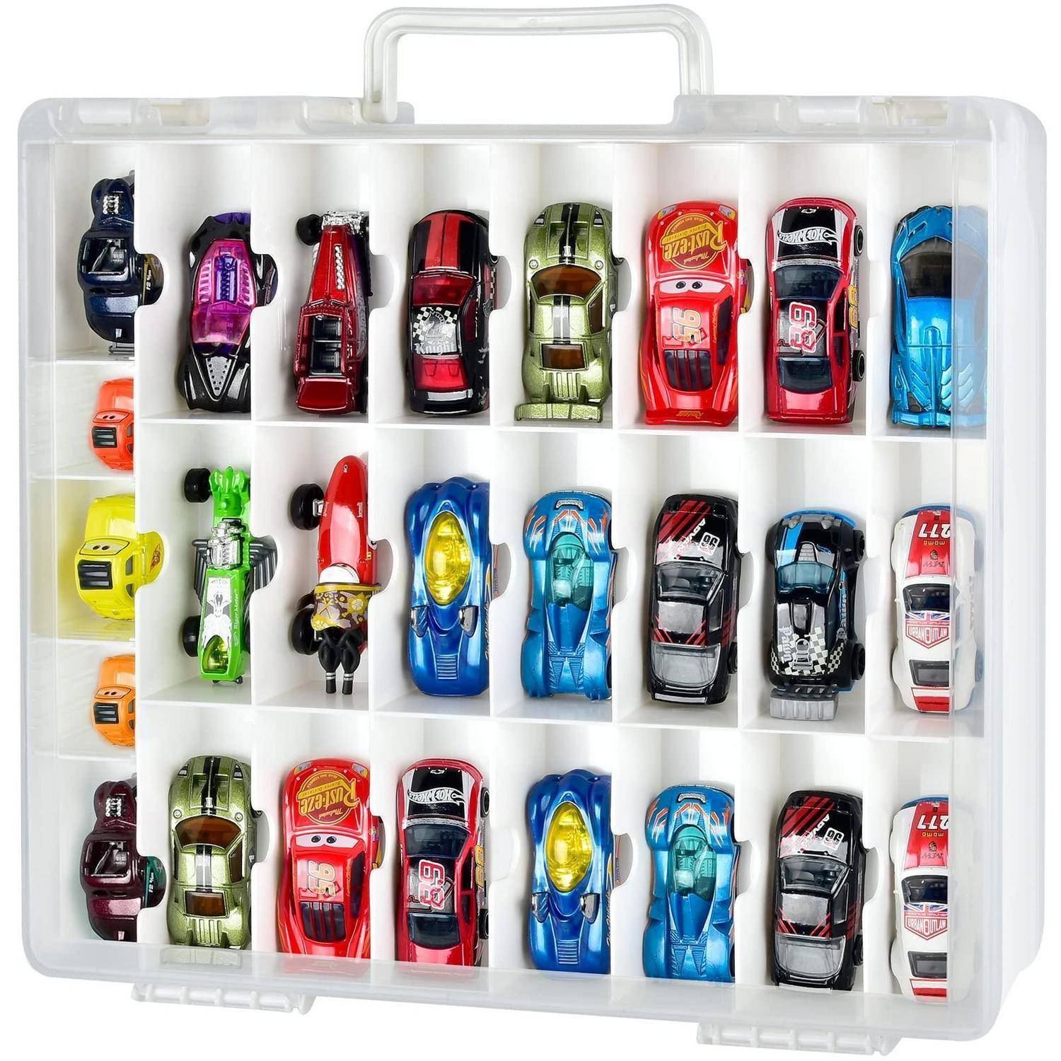 Kunststoff-Aufbewahrungsbox mit vielen kleinen Spielzeugautos, die in Fächern angeordnet sind, mit transparentem Deckel und Griff.